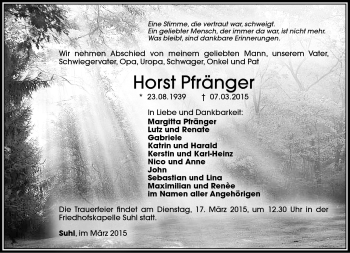 Traueranzeige von Horst Pfränger von Südthüringer Presse