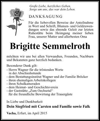 Traueranzeige von Brigitte Semmelroth von Südthüringer Presse