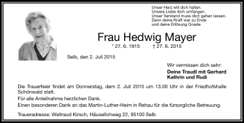 Traueranzeige von Hedwig Mayer von Frankenpost