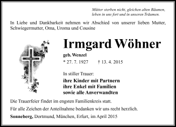 Traueranzeige von Irmgard Wöhner von Südthüringer Presse