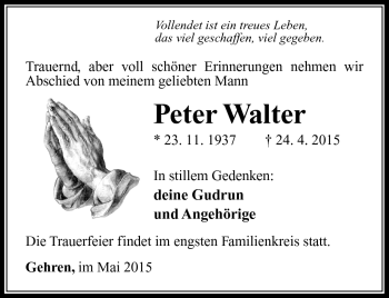 Traueranzeige von Peter Walter von Südthüringer Presse