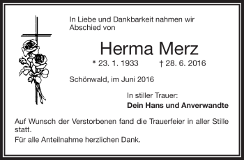 Traueranzeige von Herma Merz von Frankenpost