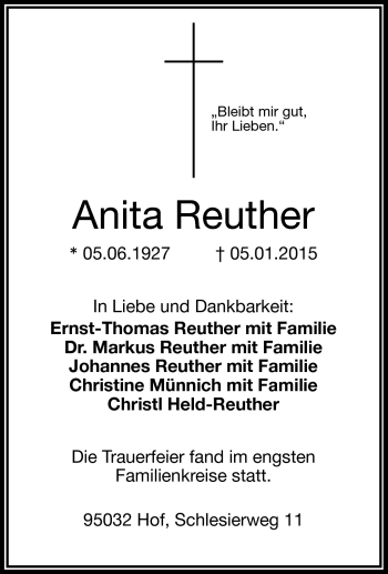 Traueranzeige von Anita Reuther von Frankenpost