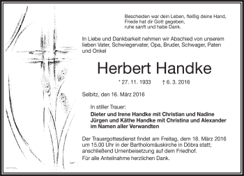 Traueranzeige von Herbert Handke von Frankenpost