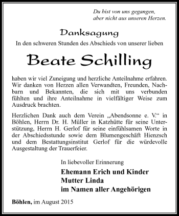 Traueranzeige von beate Schilling von Südthüringer Presse