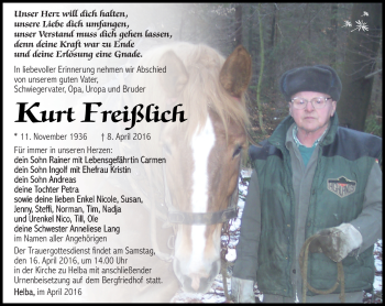 Traueranzeige von Kurt Freißlich von Südthüringer Presse