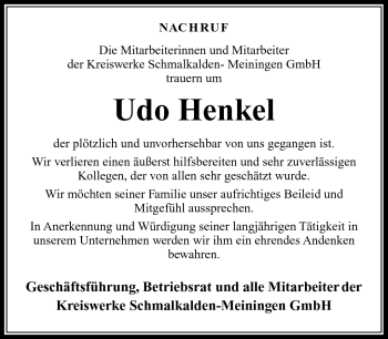 Traueranzeige von Udo Henkel von Südthüringer Presse