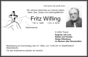 Traueranzeige von Fritz Wifling von Frankenpost