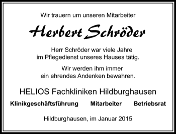 Traueranzeige von Herbert Schröder von Südthüringer Presse