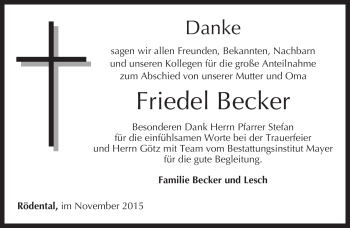 Traueranzeige von Friedel Becker von Neue Presse Coburg