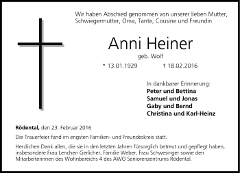 Traueranzeige von Anni Heiner von Neue Presse Coburg