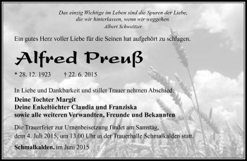 Traueranzeige von Alfred Preuß von Südthüringer Presse