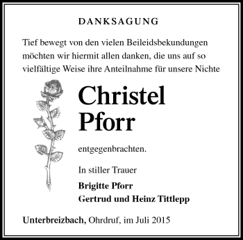 Traueranzeige von Christel Pforr von Südthüringer Presse