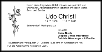 Traueranzeige von Udo Christl von Frankenpost