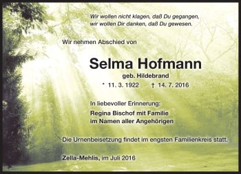 Traueranzeige von Selma Hofmann von Südthüringer Presse