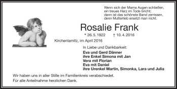Traueranzeige von Rosalie Frank von Frankenpost