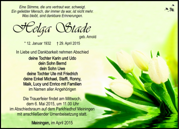 Traueranzeige von Helga Stade von Südthüringer Presse