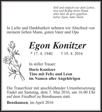Traueranzeige von Egon Konitzer von Südthüringer Presse