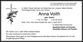 Traueranzeige von Anna Voith von Frankenpost