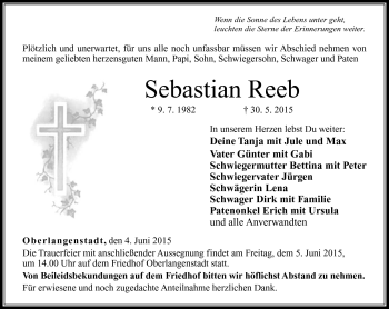 Traueranzeige von Sebastian Reeb von Neue Presse Coburg