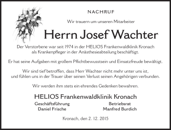 Traueranzeige von Josef Wachter von Neue Presse Coburg