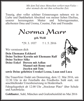 Traueranzeige von Norma Marr von Südthüringer Presse