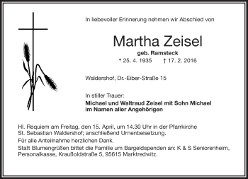 Traueranzeige von Martha Zeisel von Frankenpost