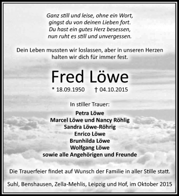 Traueranzeige von Fred Löwe von Südthüringer Presse