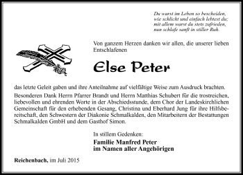Traueranzeige von Else Peter von Südthüringer Presse