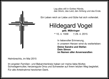 Traueranzeige von Hildegard Vogel von Frankenpost