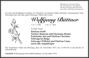 Traueranzeige von Wolfgan Büttner von Südthüringer Presse