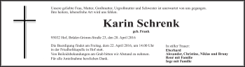 Traueranzeige von Karin Schrenk von Frankenpost