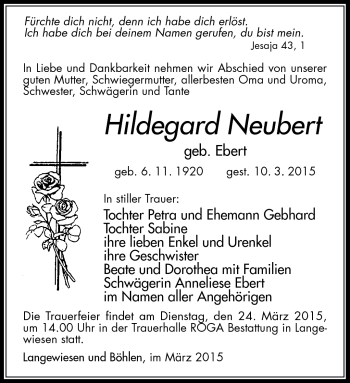 Traueranzeige von Hildegard Neubert von Südthüringer Presse