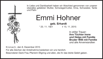 Traueranzeige von Emmi Hohmer von Neue Presse Coburg