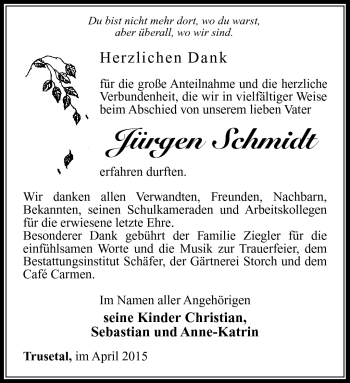 Traueranzeige von Jürgen Schmidt von Südthüringer Presse