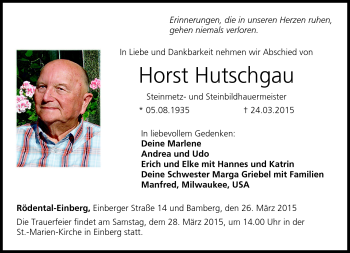 Traueranzeige von Horst Hutschgau von Neue Presse Coburg