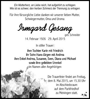 Traueranzeige von Irmgard Gesang von Südthüringer Presse