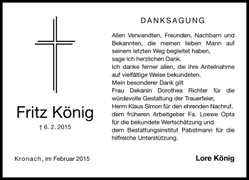 Traueranzeige von Fritz König von Neue Presse Coburg