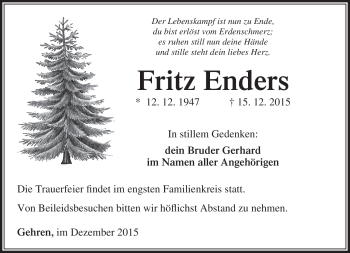 Traueranzeige von Fritz Enders von Südthüringer Presse