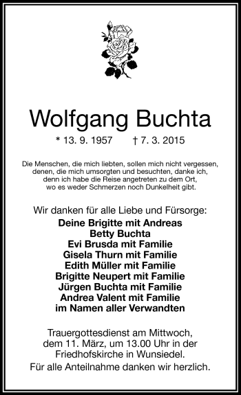 Traueranzeige von Wolfgang Buchta von Frankenpost