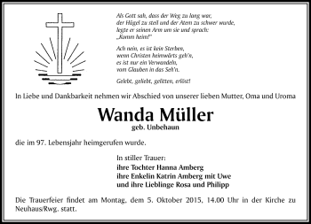 Traueranzeige von Wanda Müller von Südthüringer Presse