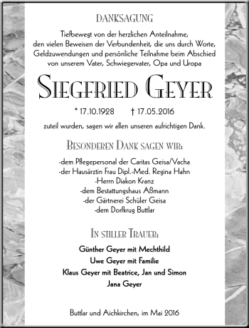 Traueranzeige von Siegfried Geyer von Südthüringer Presse