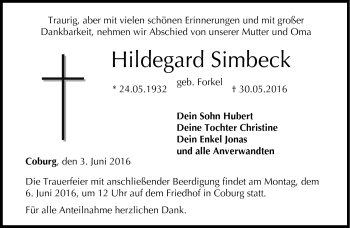Traueranzeige von Hildegard Simbek von Neue Presse Coburg