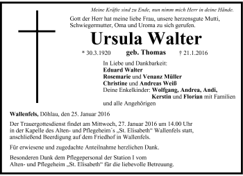 Traueranzeige von Ursula Walter von Frankenpost