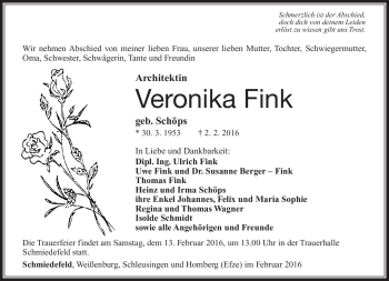 Traueranzeige von Veronika Fink von Südthüringer Presse