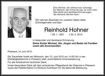 Traueranzeige von Reinhold Hohner von Frankenpost