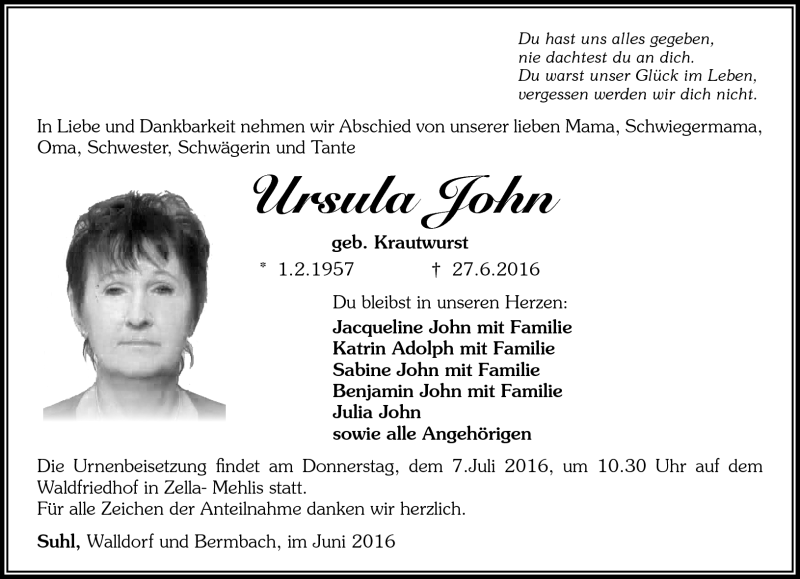  Traueranzeige für Ursula John vom 02.07.2016 aus Südthüringer Presse