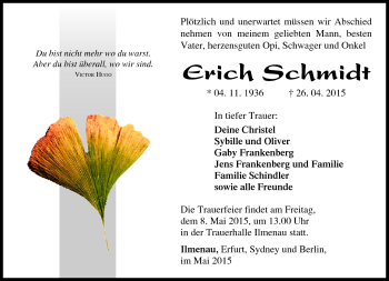 Traueranzeige von Erich Schmidt von Südthüringer Presse