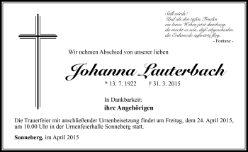 Traueranzeige von Johanna Lauterbach von Südthüringer Presse
