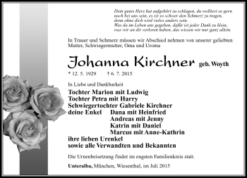 Traueranzeige von Johanna Kirchner von Südthüringer Presse